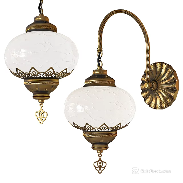 Vintage Wall Lamps With White Glass Shades And Golden Carved Bases 3d model